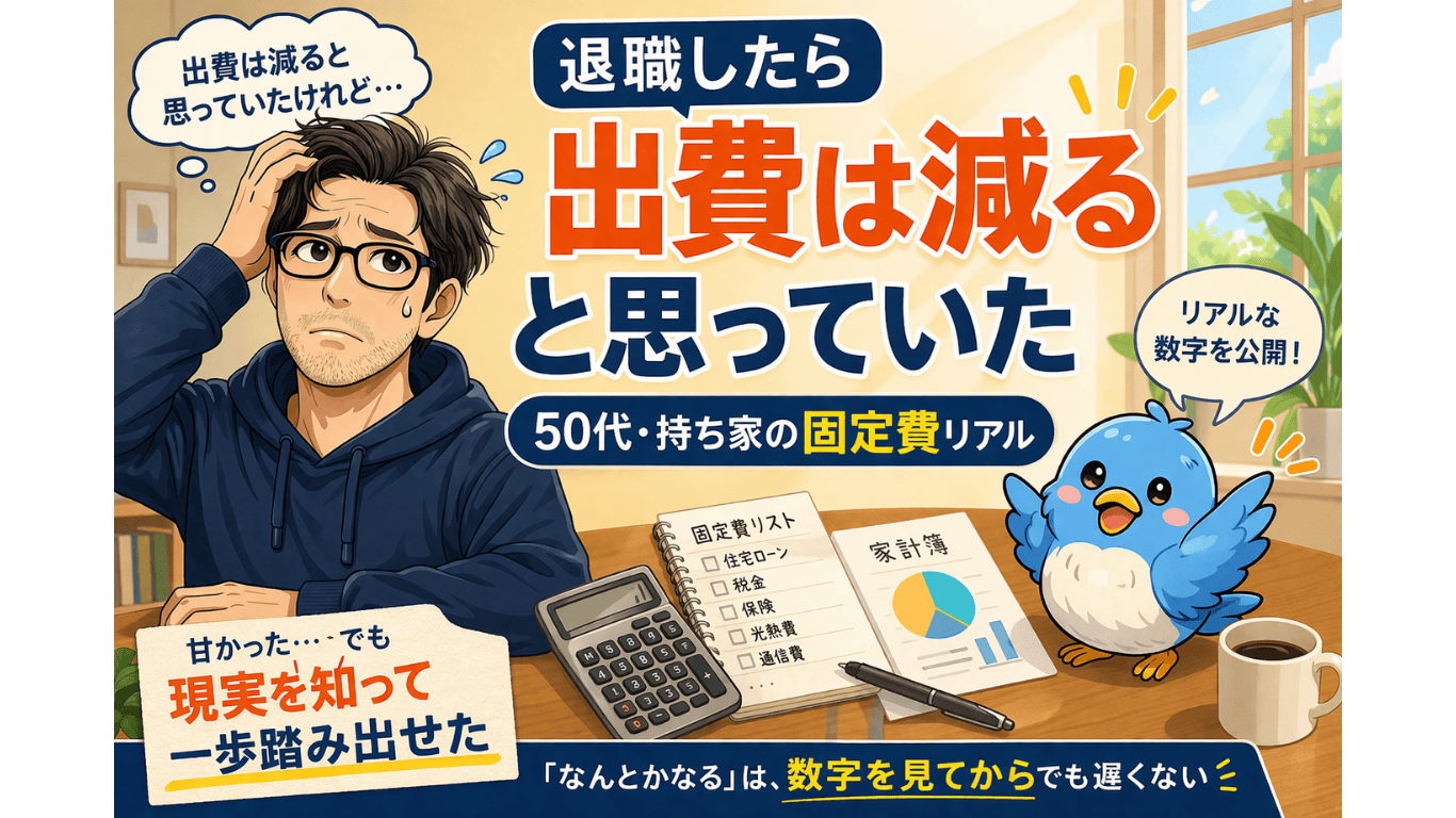 退職後も出費が減らず悩む50代男性と家計を見直す様子のイラスト