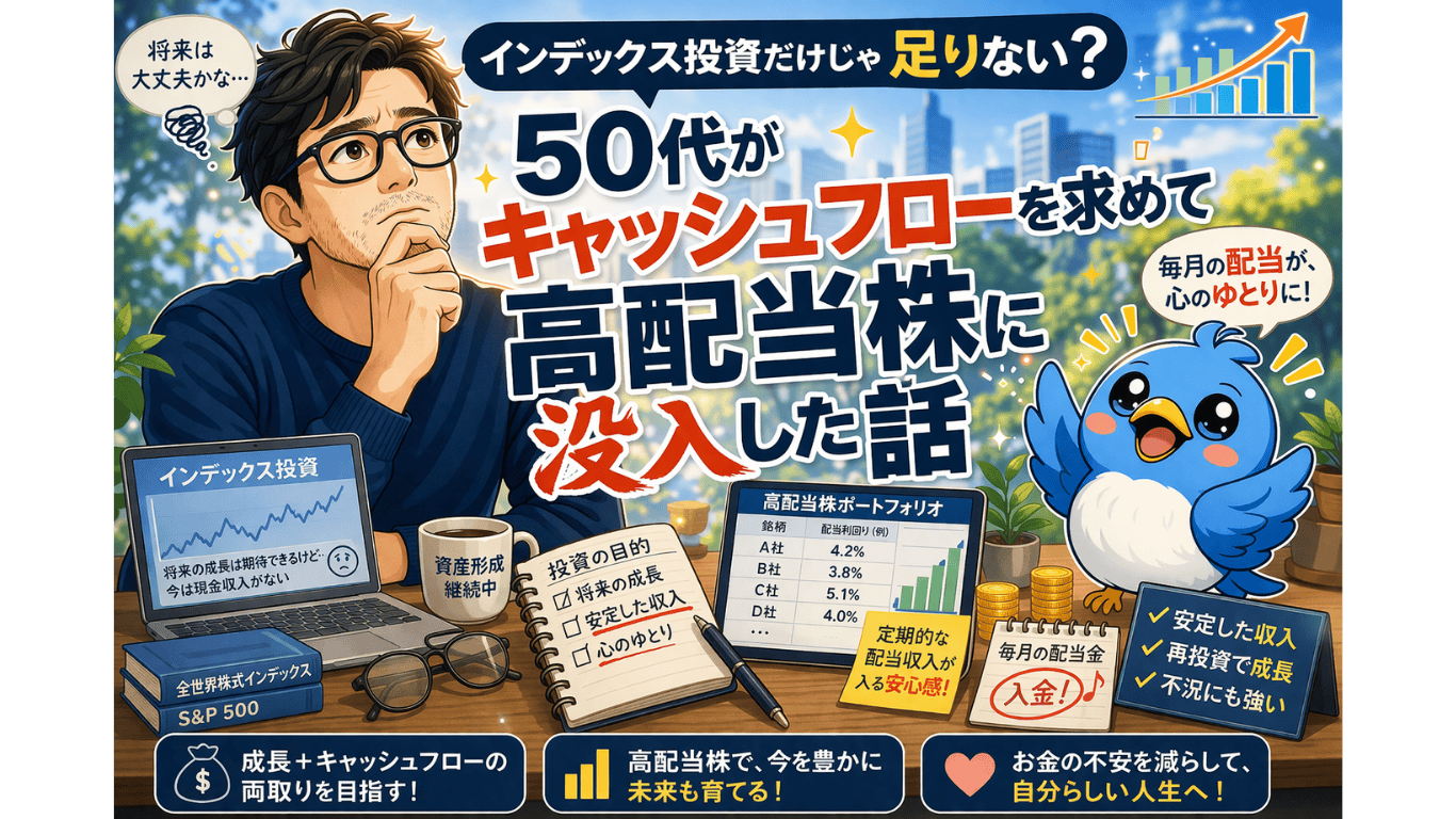 インデックス投資だけでは不安を感じた50代男性がキャッシュフローを求めて高配当株に投資した様子を、不安おじさんとワクワク小鳥で表現したアイキャッチ画像