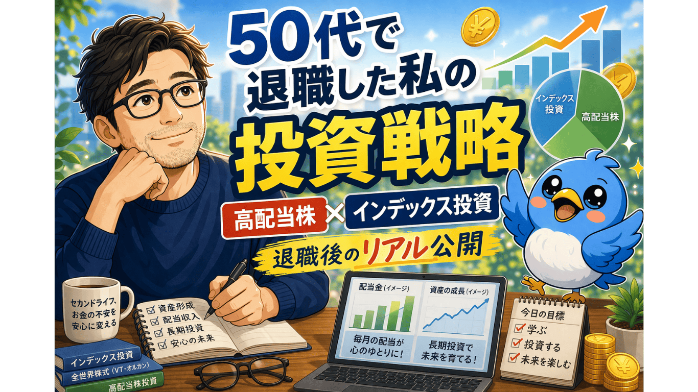 50代で退職した男性の投資戦略として高配当株とインデックス投資のリアルを紹介するアイキャッチ画像。不安おじさんが微笑みワクワク小鳥とともに資産成長を表現