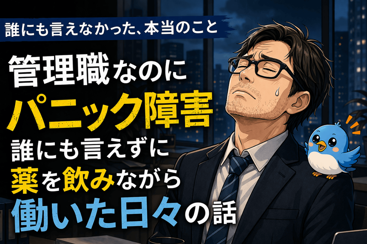 管理職として働きながらパニック障害に悩み、上を向いて目を閉じて耐えている男性のイラスト。不安を抱えながら働いた50代の実体験を表現。