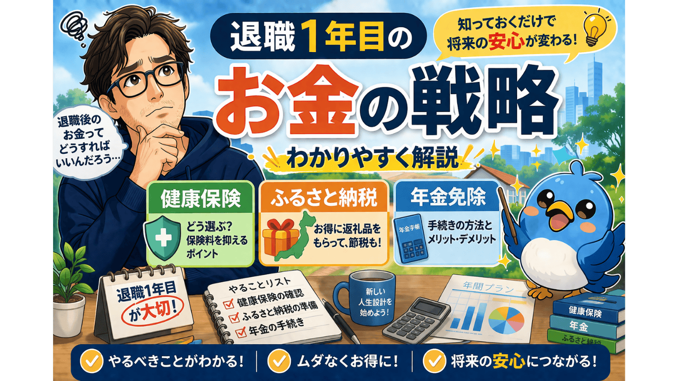 退職1年目のお金の戦略について悩む50代男性とワクワク小鳥、健康保険・ふるさと納税・年金免除を解説するアイキャッチ画像
