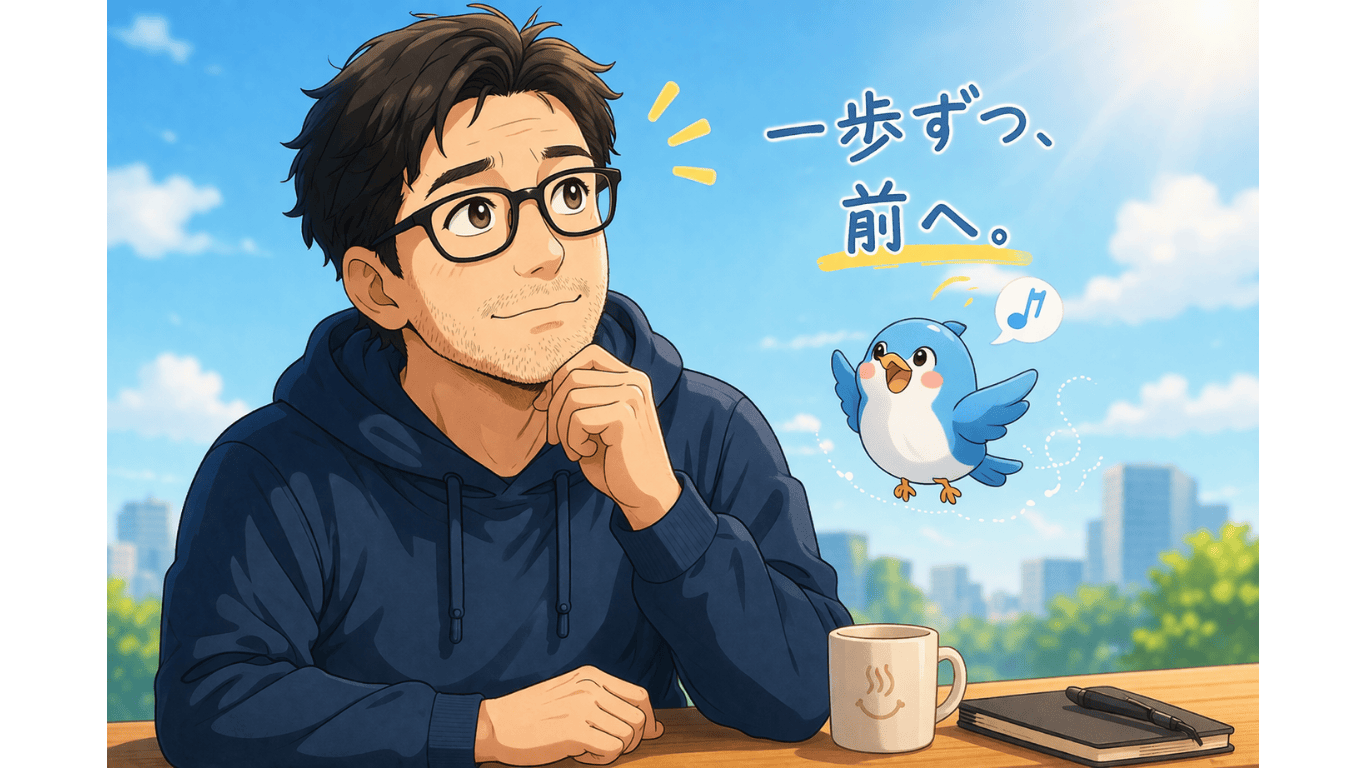 不安を感じながらも前向きに考える50代男性と、応援する小鳥のイラスト。高配当株で毎月の収入を得たいという気持ちを表現