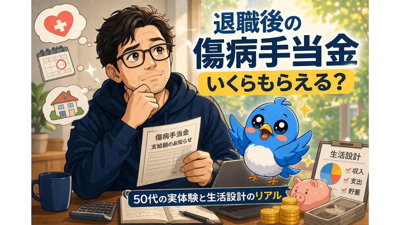 退職後の傷病手当金はいくらもらえるのかを考える50代男性とワクワク小鳥を描いたアイキャッチ画像。生活設計と実体験を表現