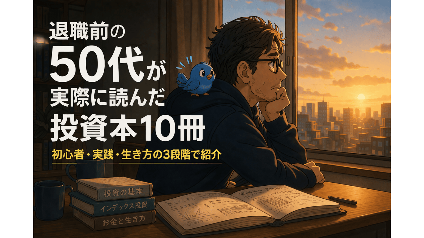 退職前の50代男性が投資本を読みながら将来を考えているイメージ。不安おじさんとワクワク小鳥のイラスト。
