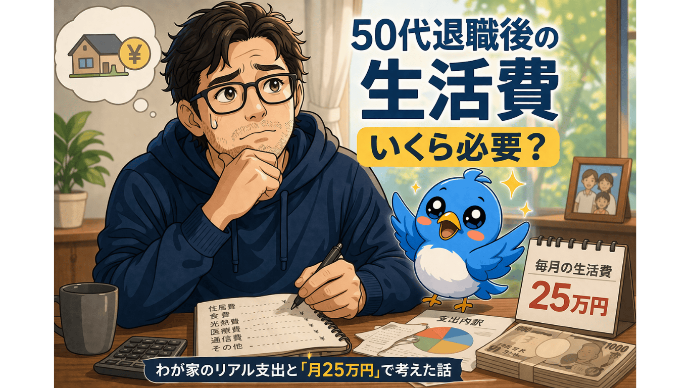 50代退職後の生活費はいくら必要かを考える男性とワクワク小鳥を描いたアイキャッチ画像。月25万円のリアル支出を表現