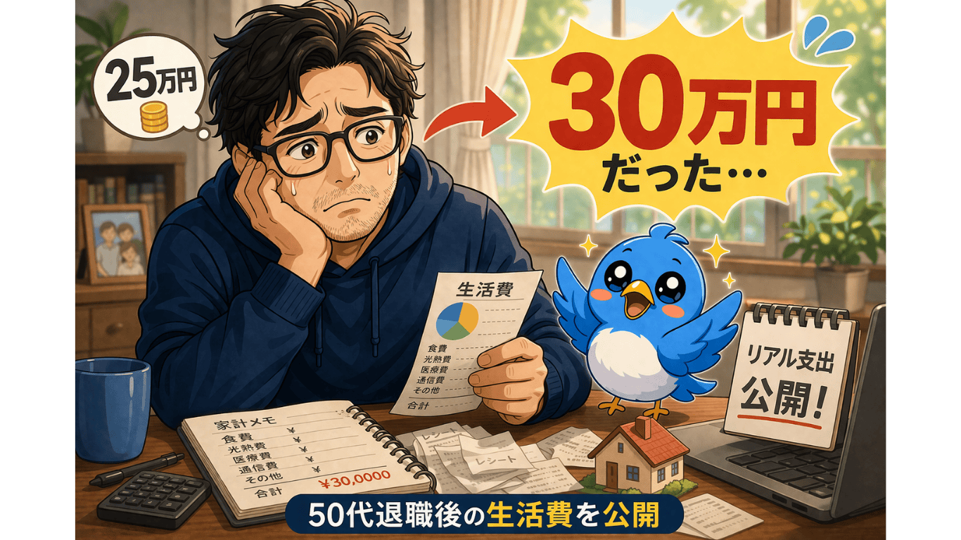 50代退職後の生活費が月25万円の想定から30万円に増えた実体験を表現したアイキャッチ画像。不安おじさんとワクワク小鳥でリアル支出を表現