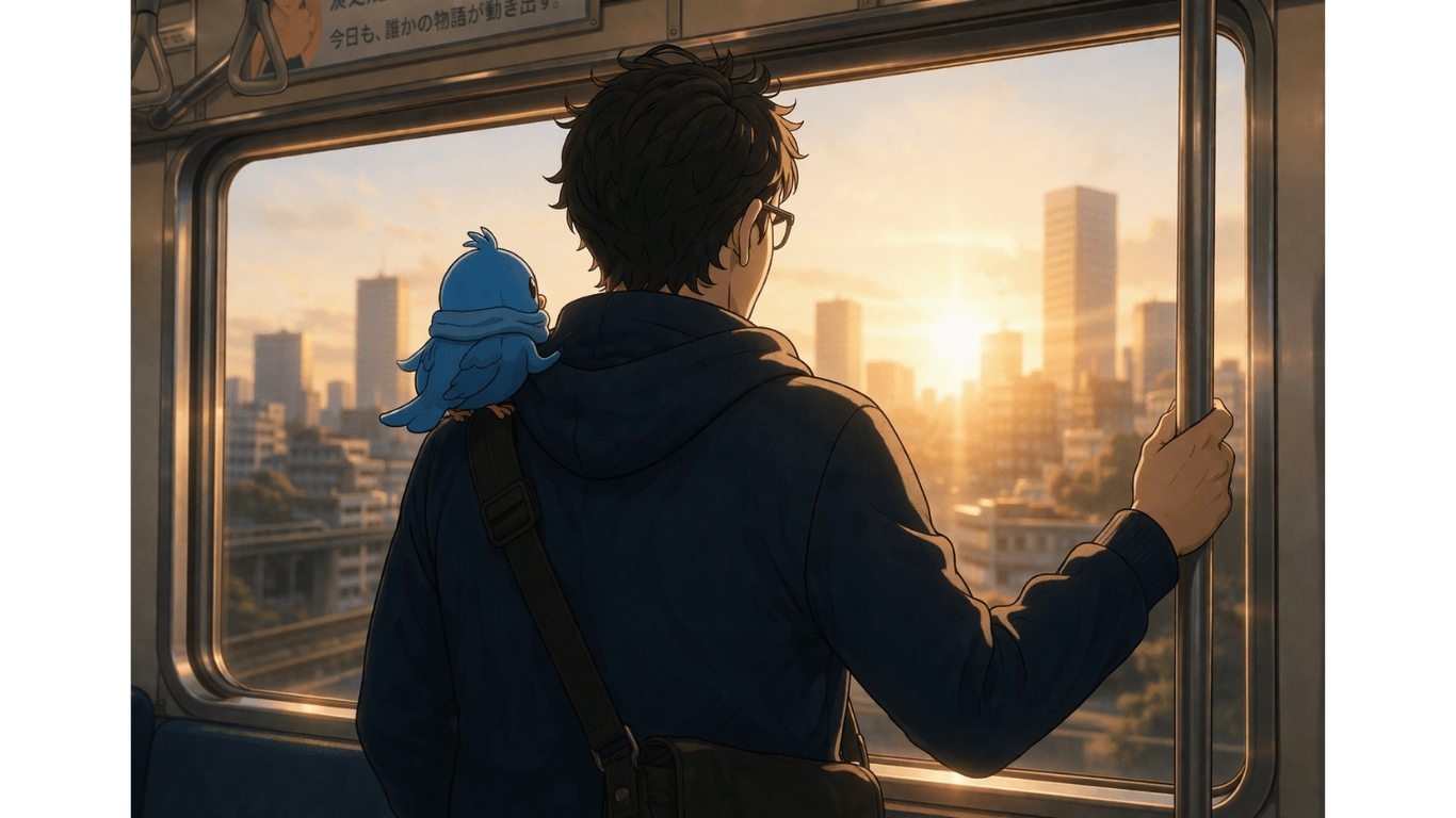 朝の通勤電車で外を見つめる50代男性と寄り添う小鳥のイラスト（パニック障害の不安を表現）