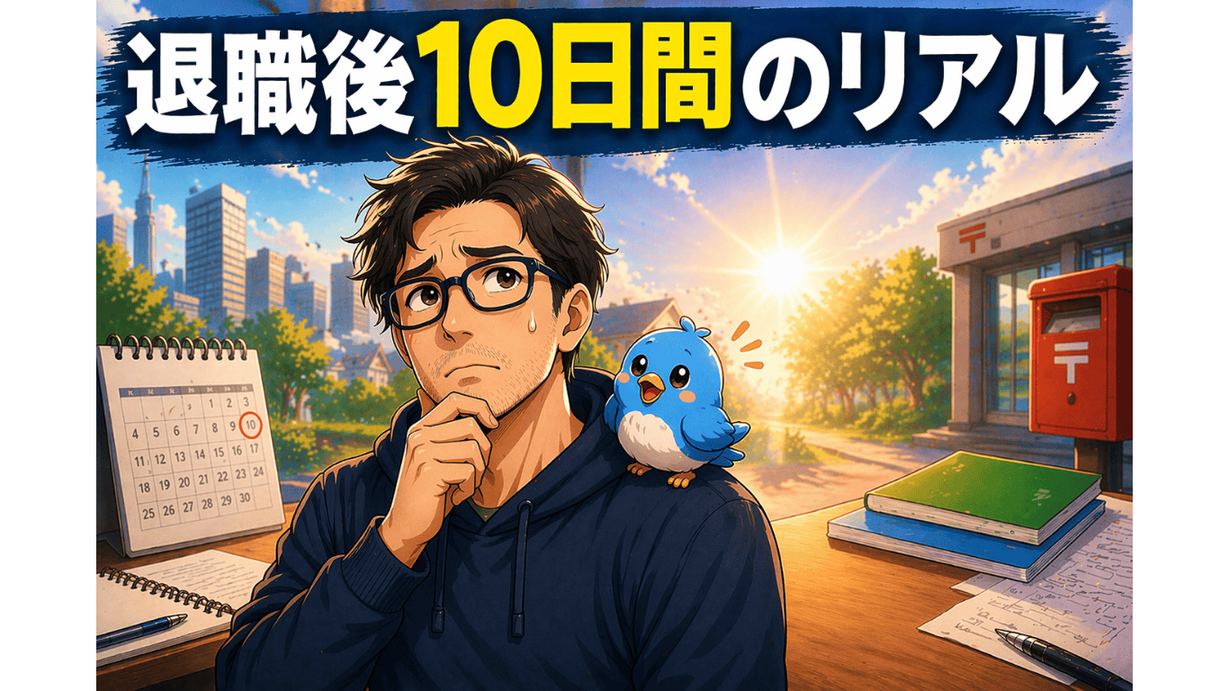 退職後10日間のリアルを表した不安おじさんとワクワク小鳥のアイキャッチ画像