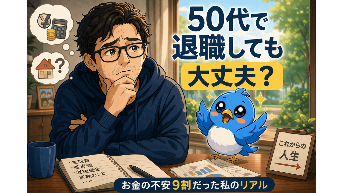 50代で退職しても大丈夫か不安を抱える男性とワクワク小鳥を描いたアイキャッチ画像。お金の不安が9割だった実体験を表現