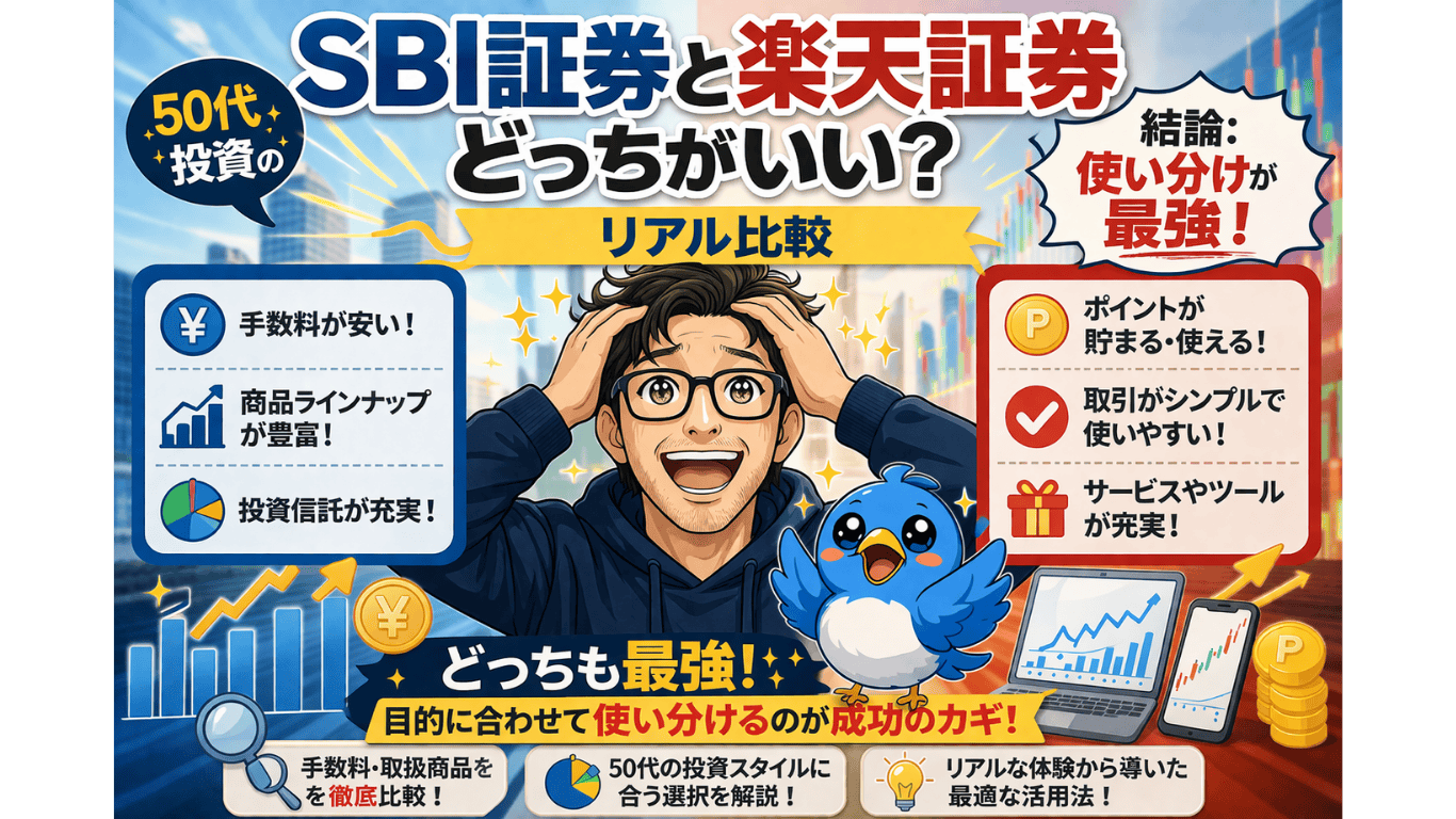 SBI証券と楽天証券を50代投資の視点で比較し、使い分けが最強という結論を表現したアイキャッチ画像。不安おじさんとワクワク小鳥が登場する比較デザイン