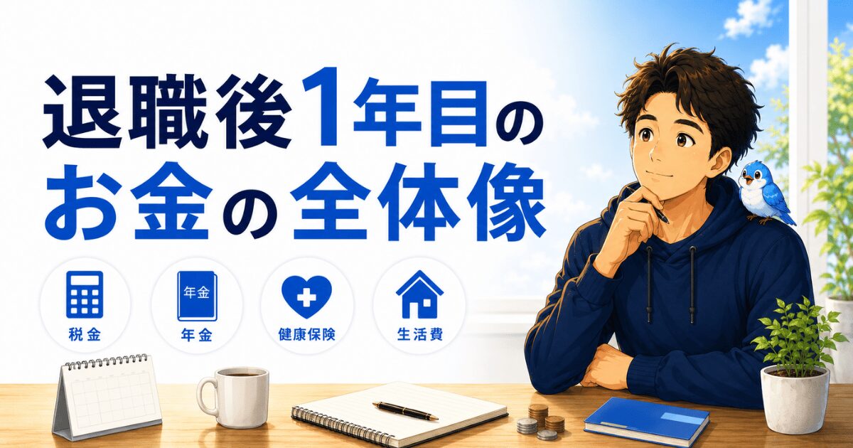 退職後1年目のお金の全体像（税金・年金・健康保険・生活費）を表すアイキャッチ画像
