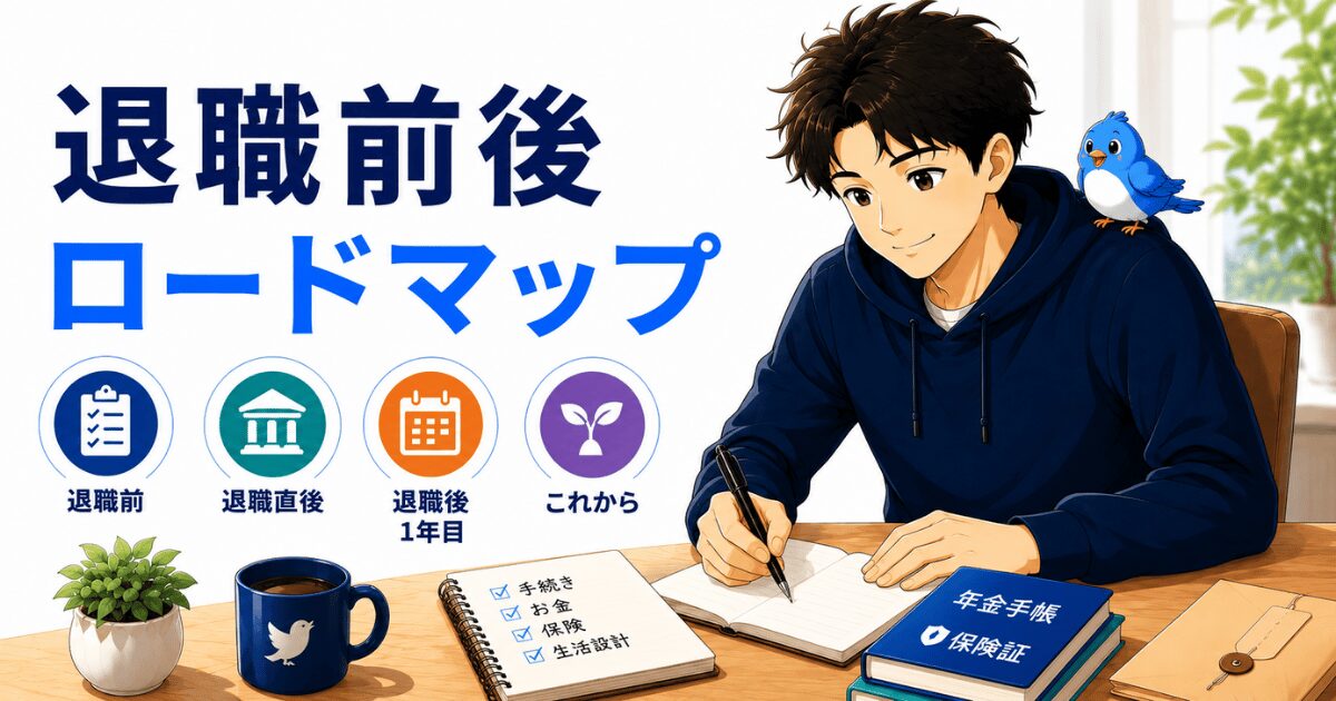 退職前後にやることのロードマップ（退職前・退職直後・退職後1年目・これから）を表すアイキャッチ画像