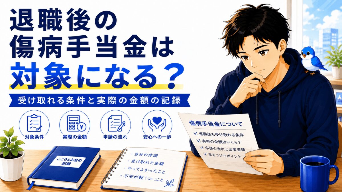 退職後の傷病手当金の対象条件と実際の金額をまとめたアイキャッチ。青い小鳥のキャラクター。