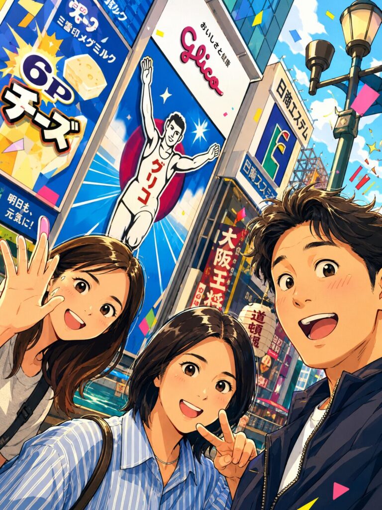 道頓堀で撮った家族写真をイラスト風にしたもの