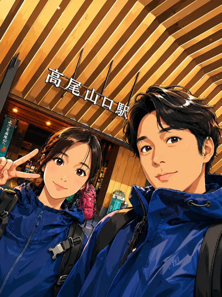 高尾山口駅前で撮った親子の写真をイラスト風にしたもの