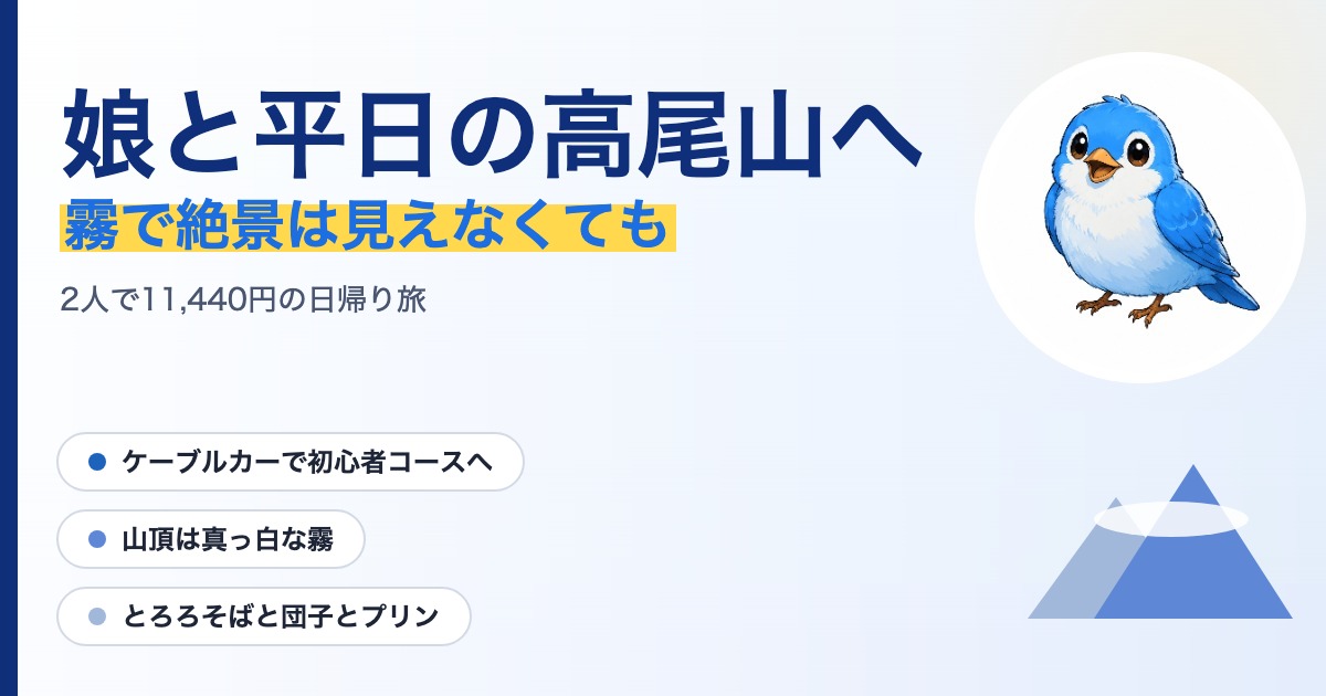 「娘と平日の高尾山へ」の文字と青い小鳥