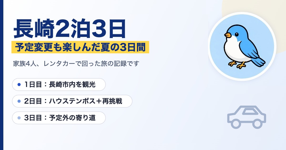 「長崎2泊3日」の文字と青い小鳥